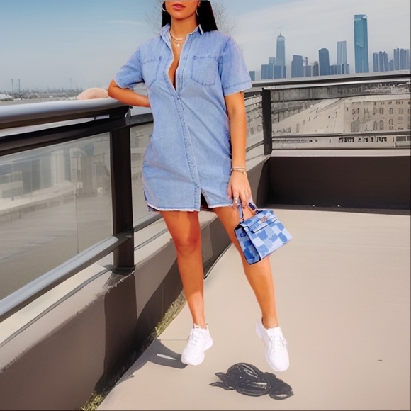 Trendy Button Up Double Breasted Pockets Side Pockets Raw Trim Denim Mini Dress - Picture 2 of 5